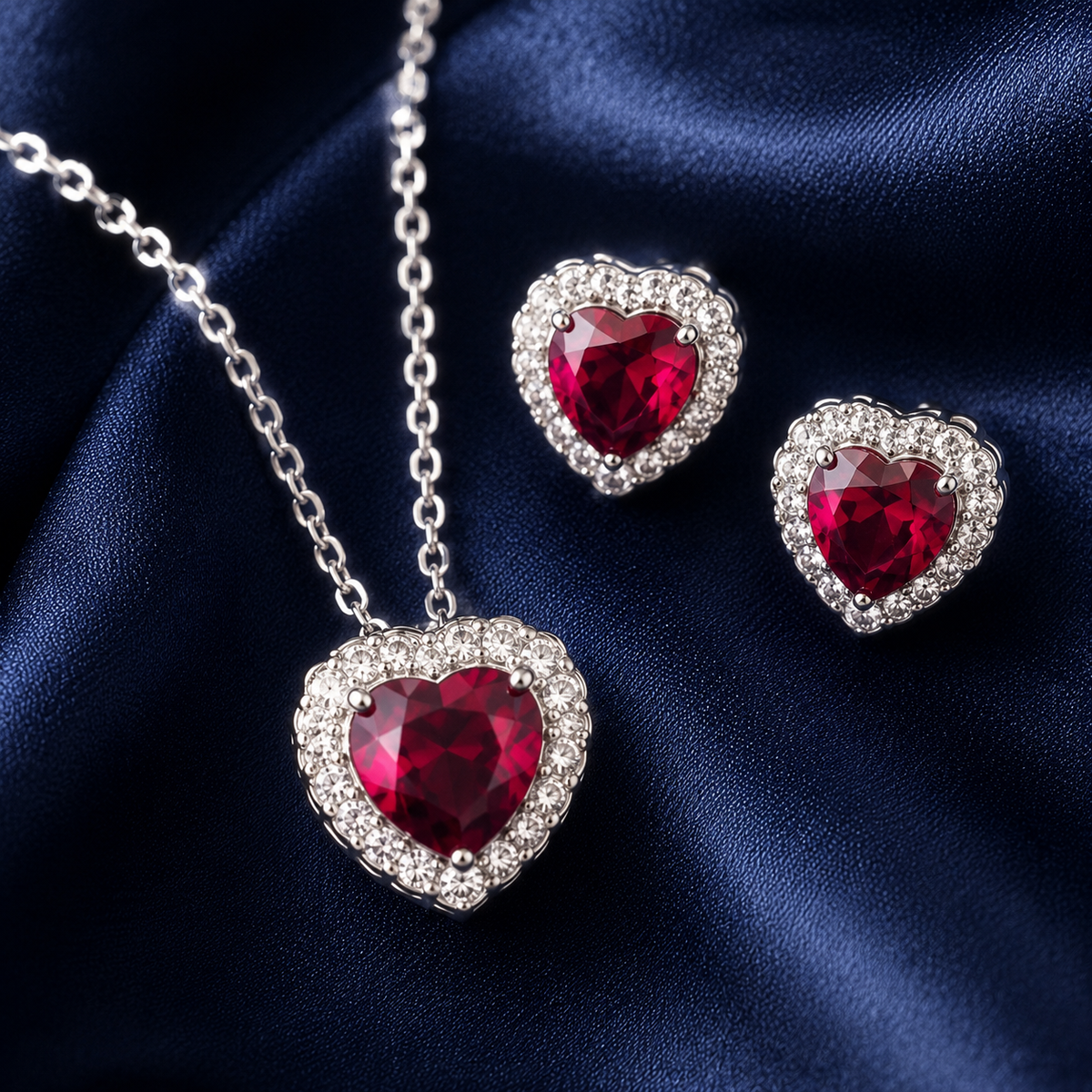 Ensemble collier et boucles cœur rouge argenté