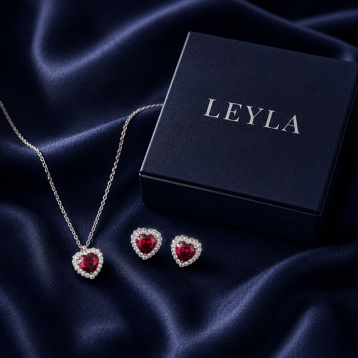 Ensemble collier et boucles cœur rouge argenté