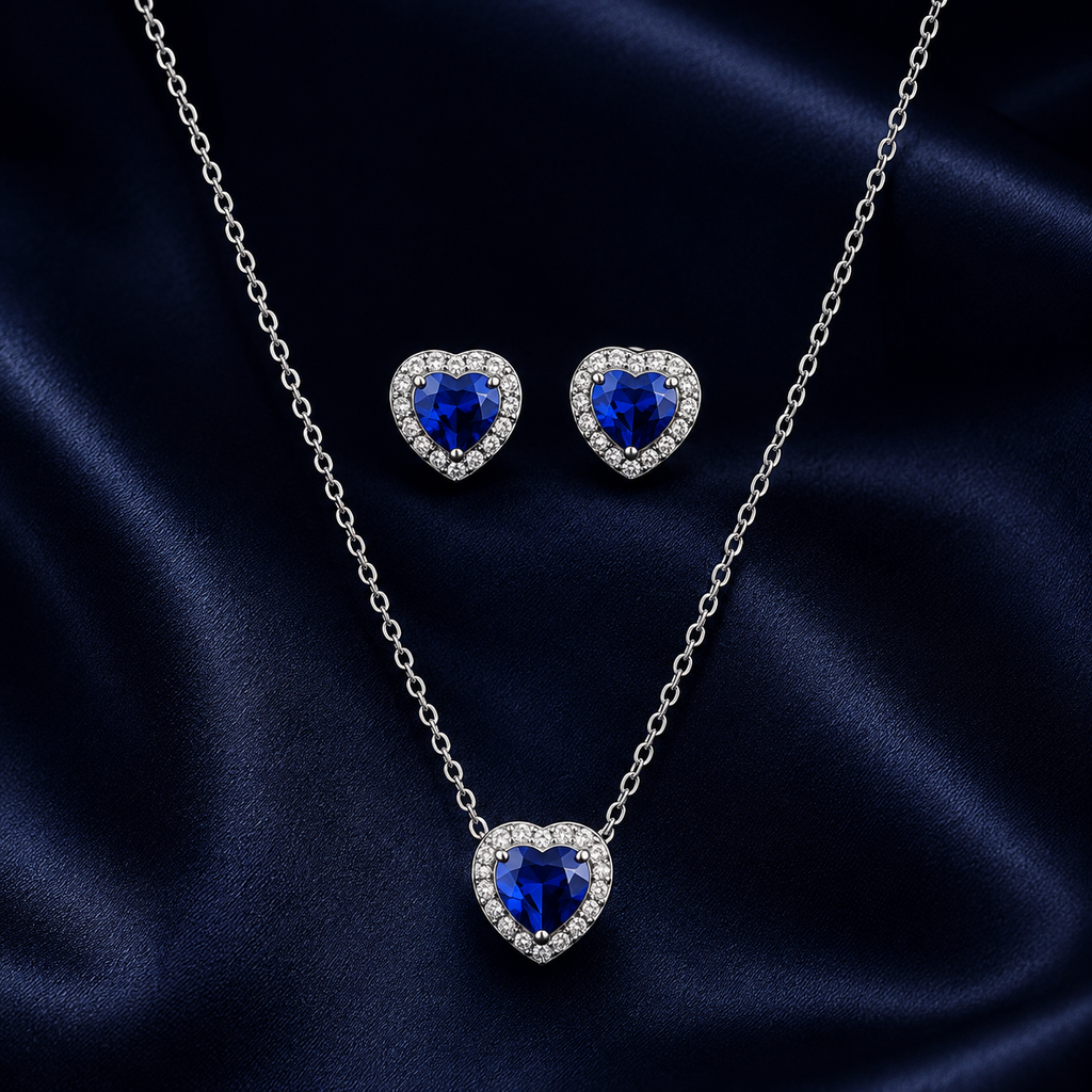 Ensemble collier et boucles cœur bleu argenté
