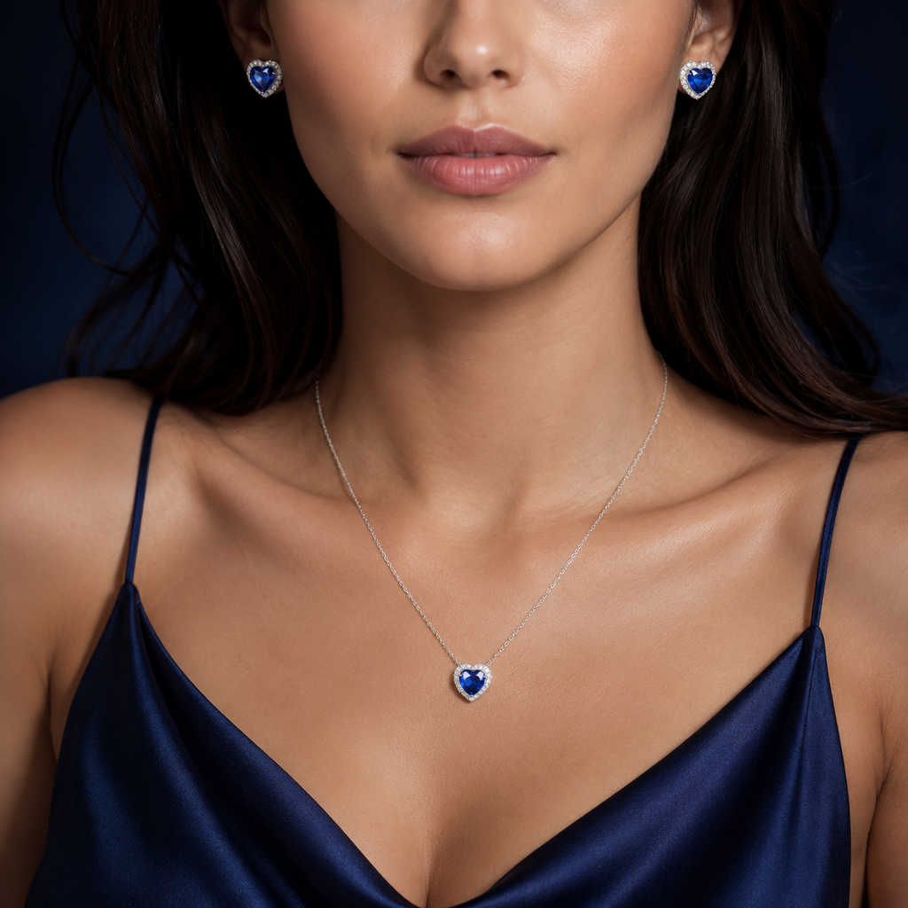 Ensemble collier et boucles cœur bleu argenté