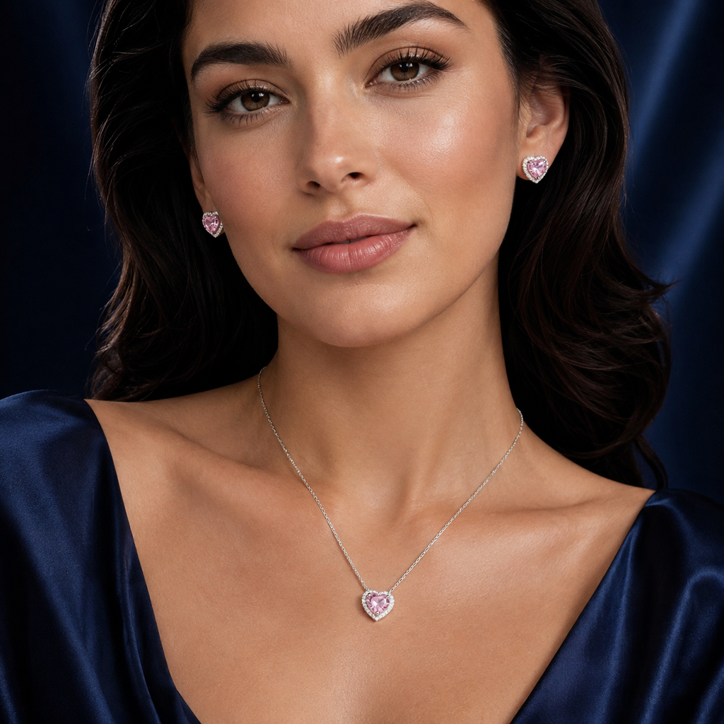 Ensemble collier et boucles cœur rose argenté