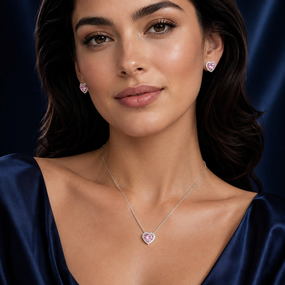 Ensemble collier et boucles cœur rose argenté