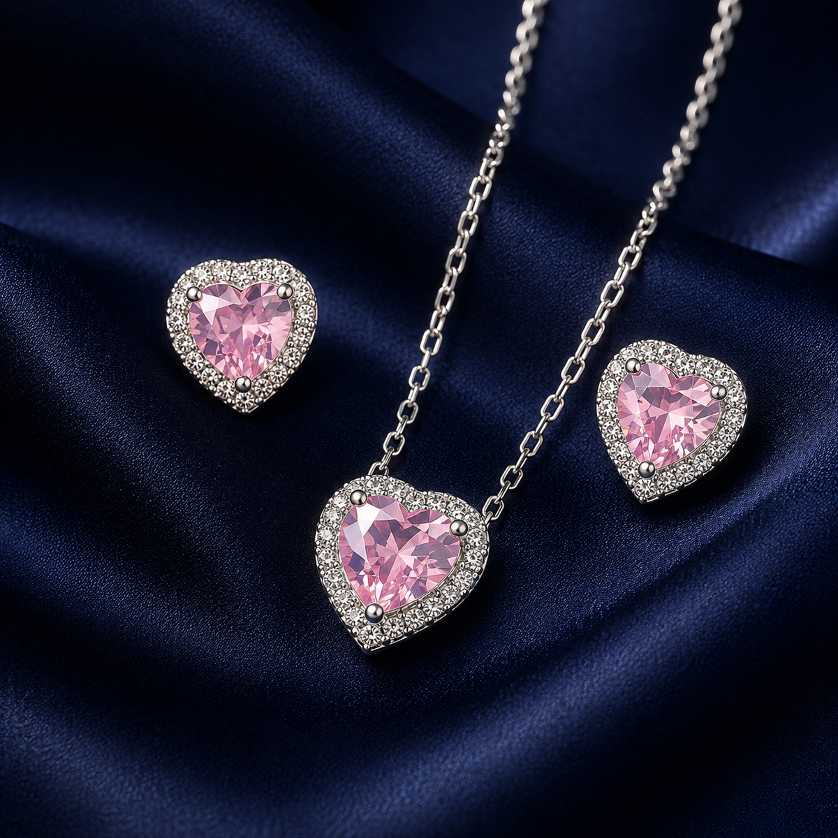 Ensemble collier et boucles cœur rose argenté