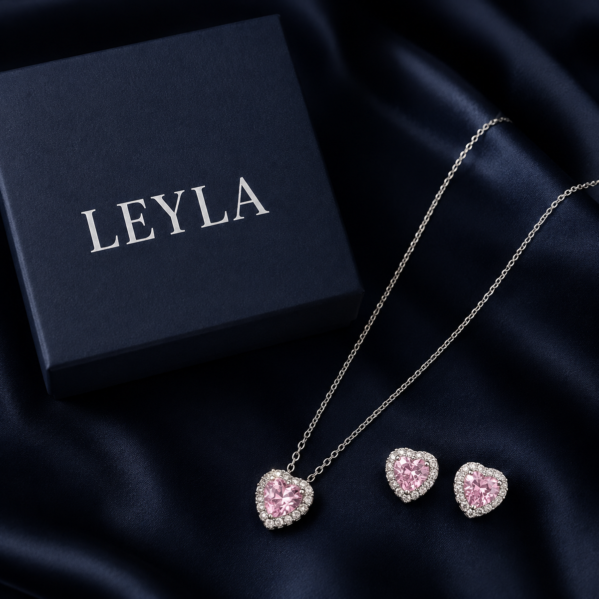 Ensemble collier et boucles cœur rose argenté