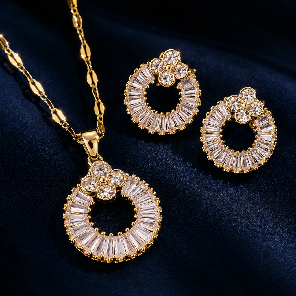 Ensemble collier et boucles cercle serti doré