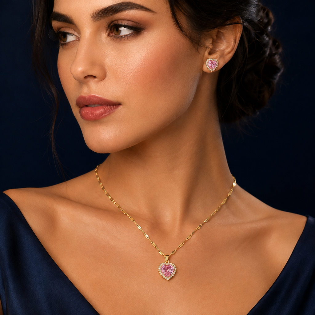 Ensemble collier et boucles cœur rose doré