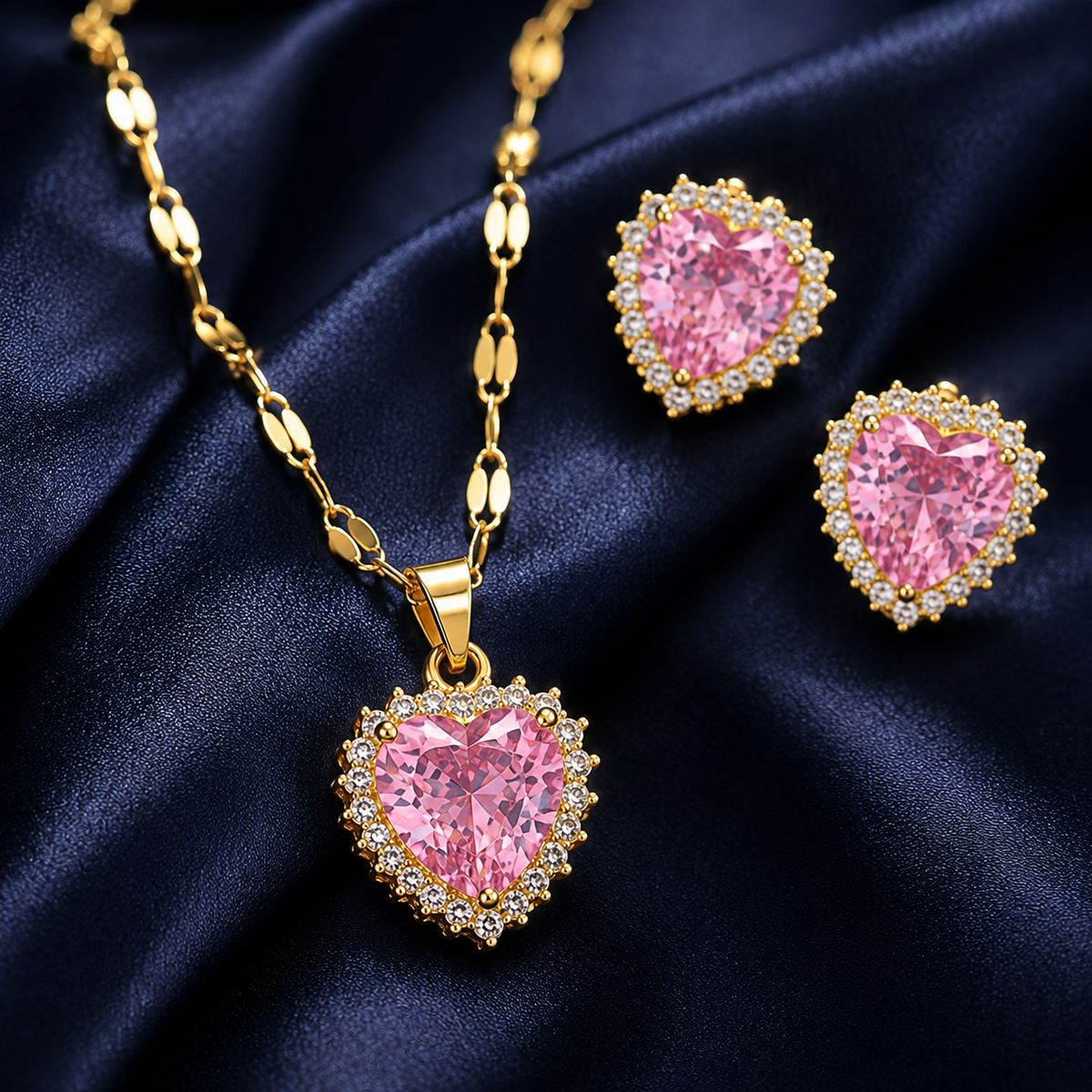 Ensemble collier et boucles cœur rose doré
