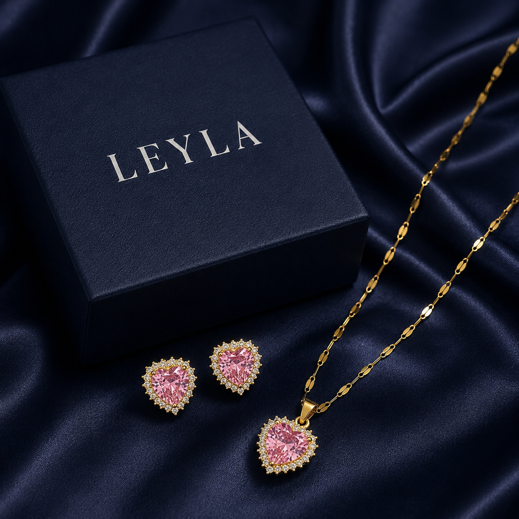 Ensemble collier et boucles cœur rose doré