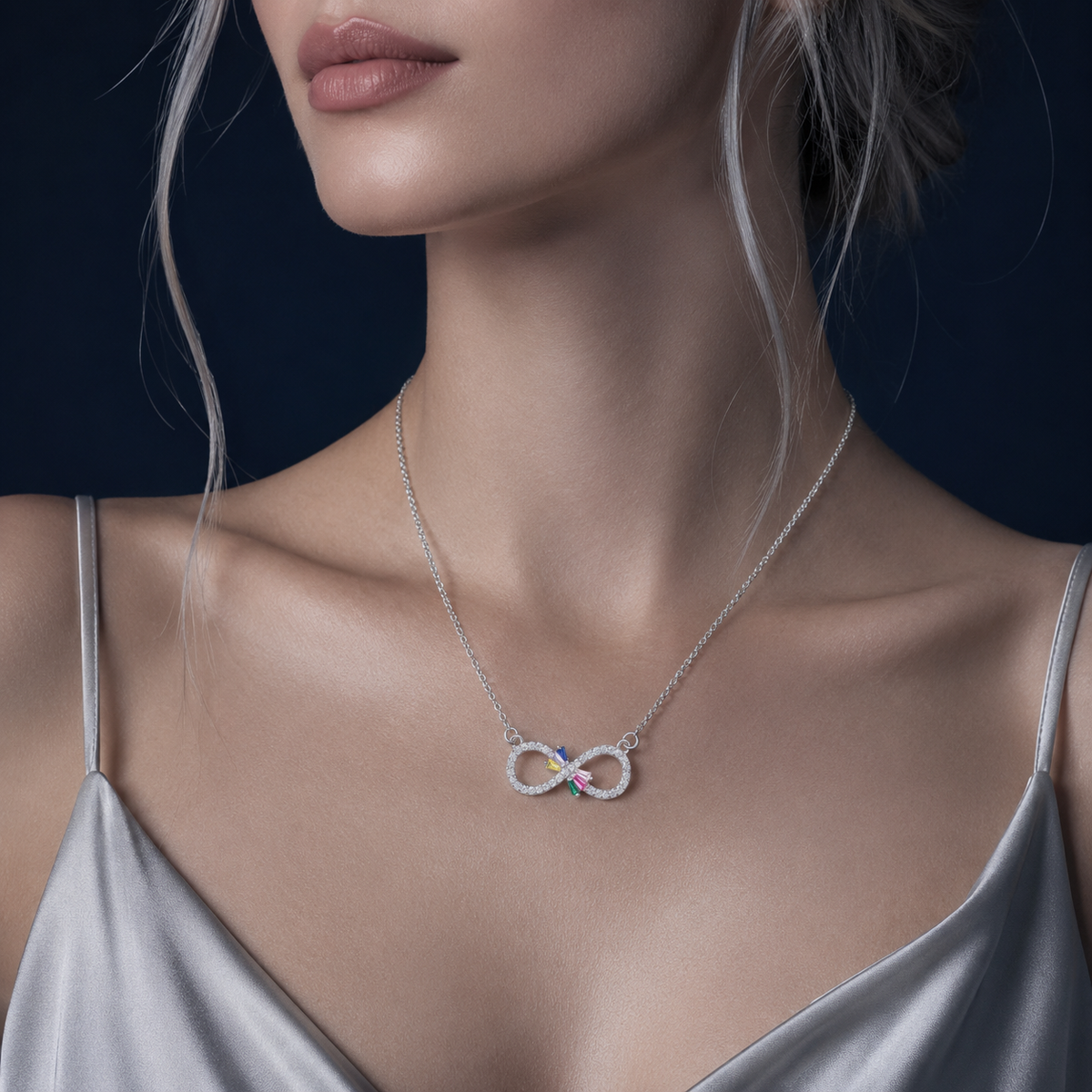 Collier infini pierres colorées argenté