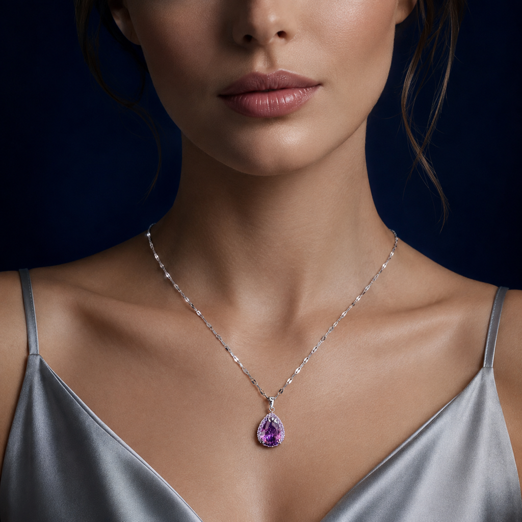Collier goutte violette argenté