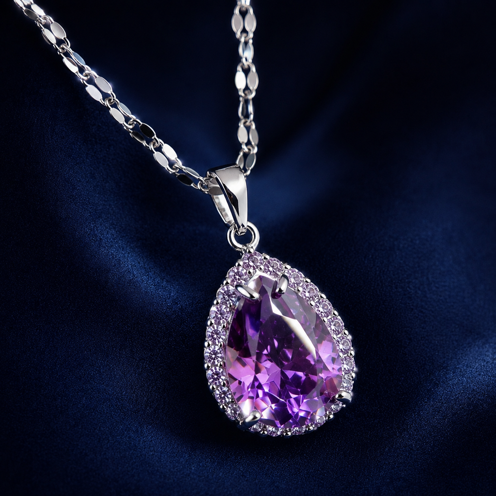 Collier goutte violette argenté