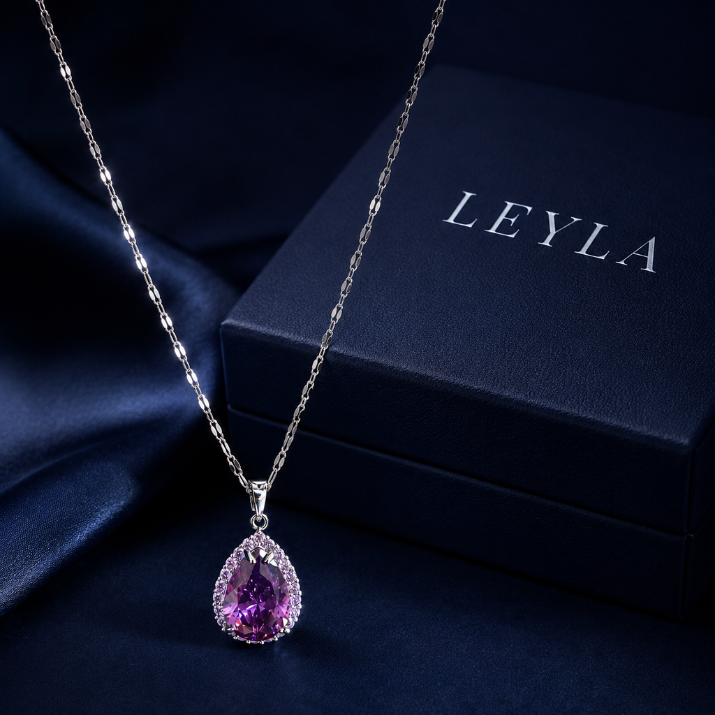 Collier goutte violette argenté