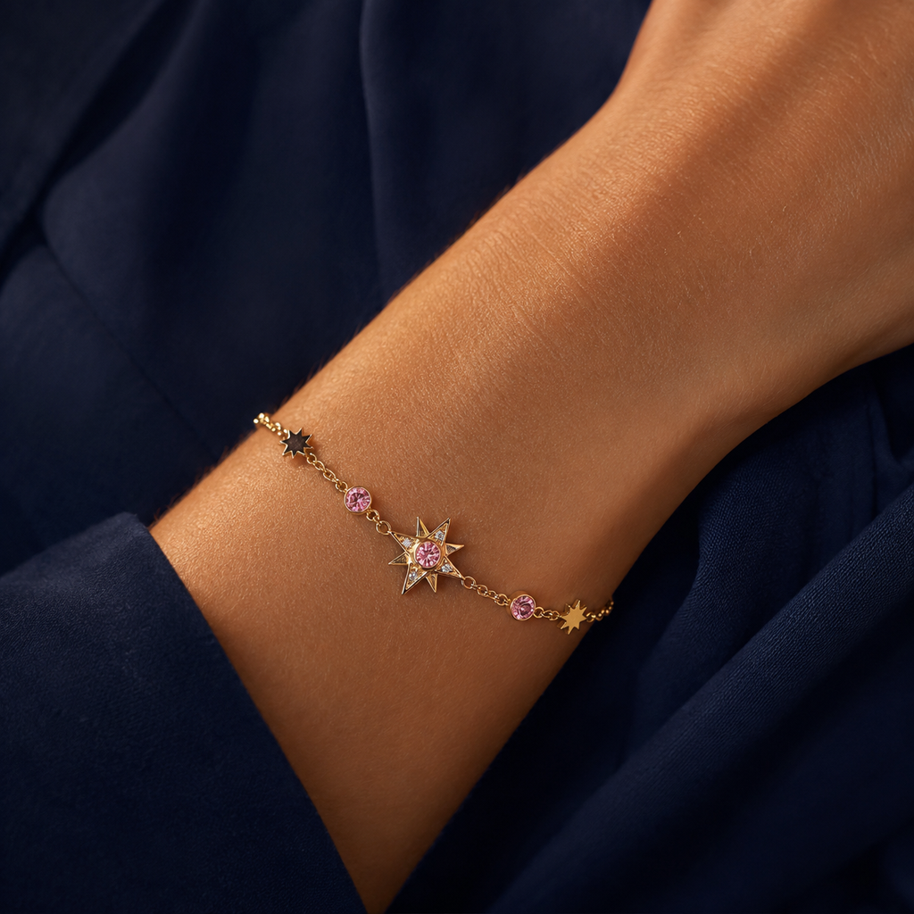 Bracelet étoiles et pierres roses doré