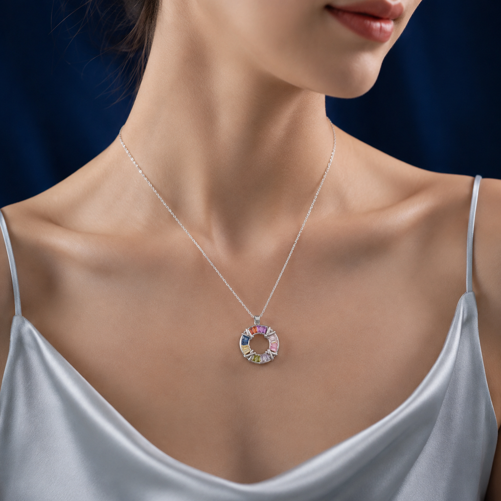 Collier cercle pierres colorées argenté