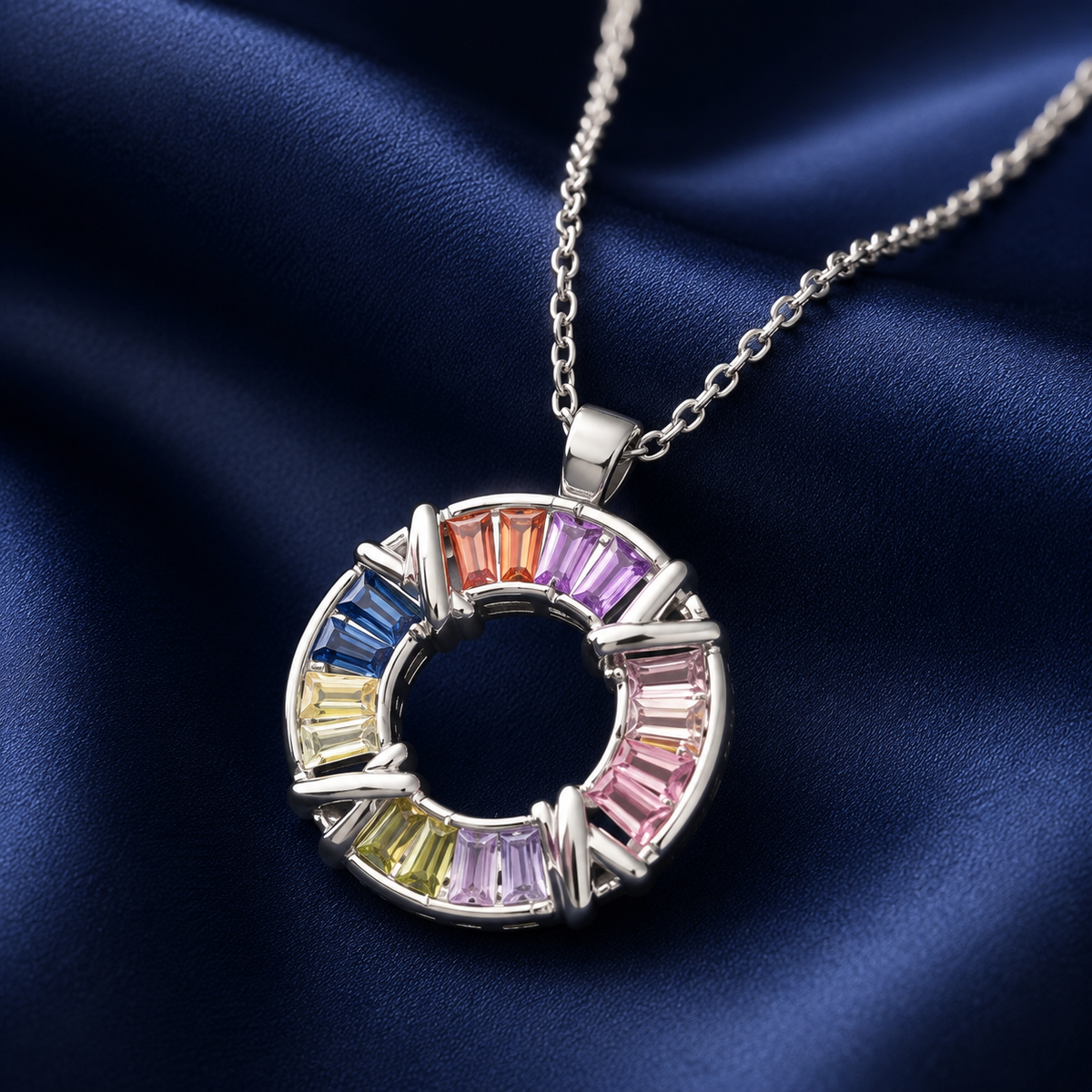 Collier cercle pierres colorées argenté
