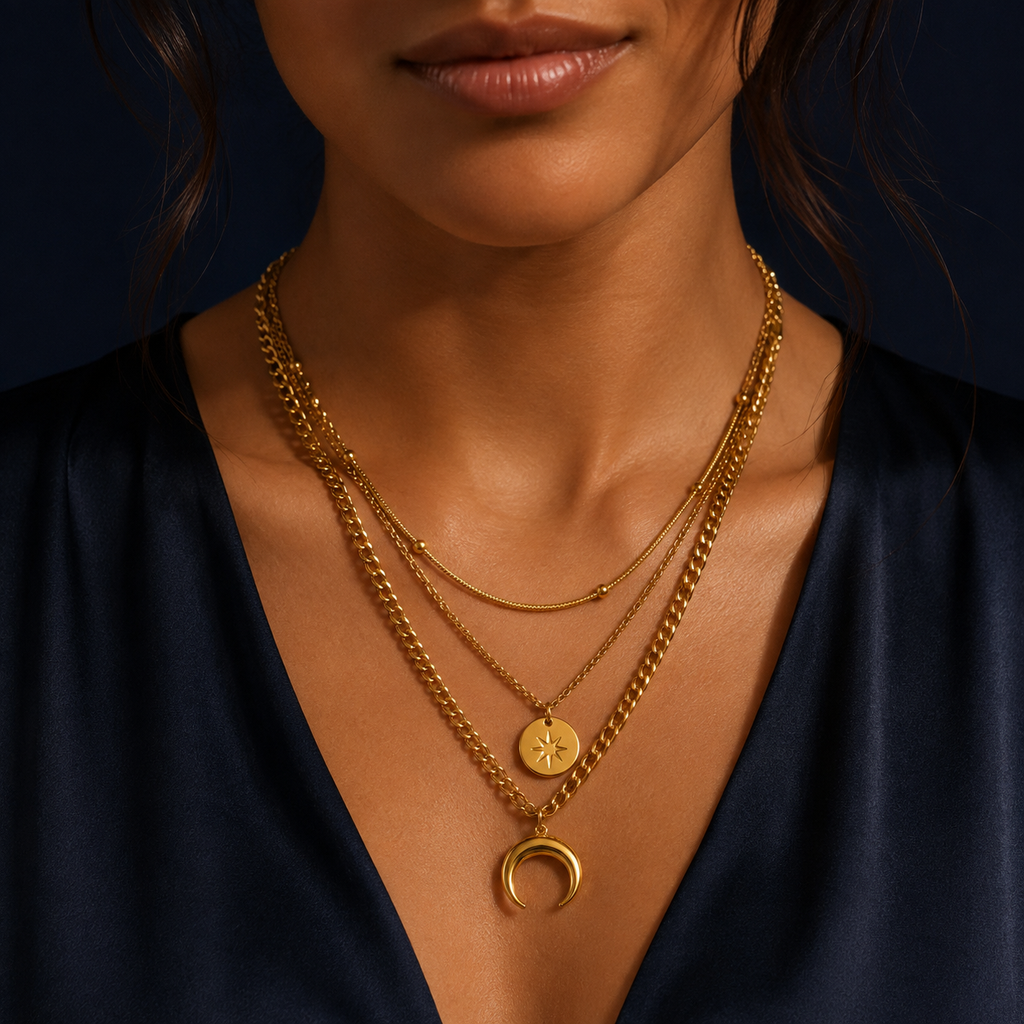 Collier multirangs lune et étoile doré
