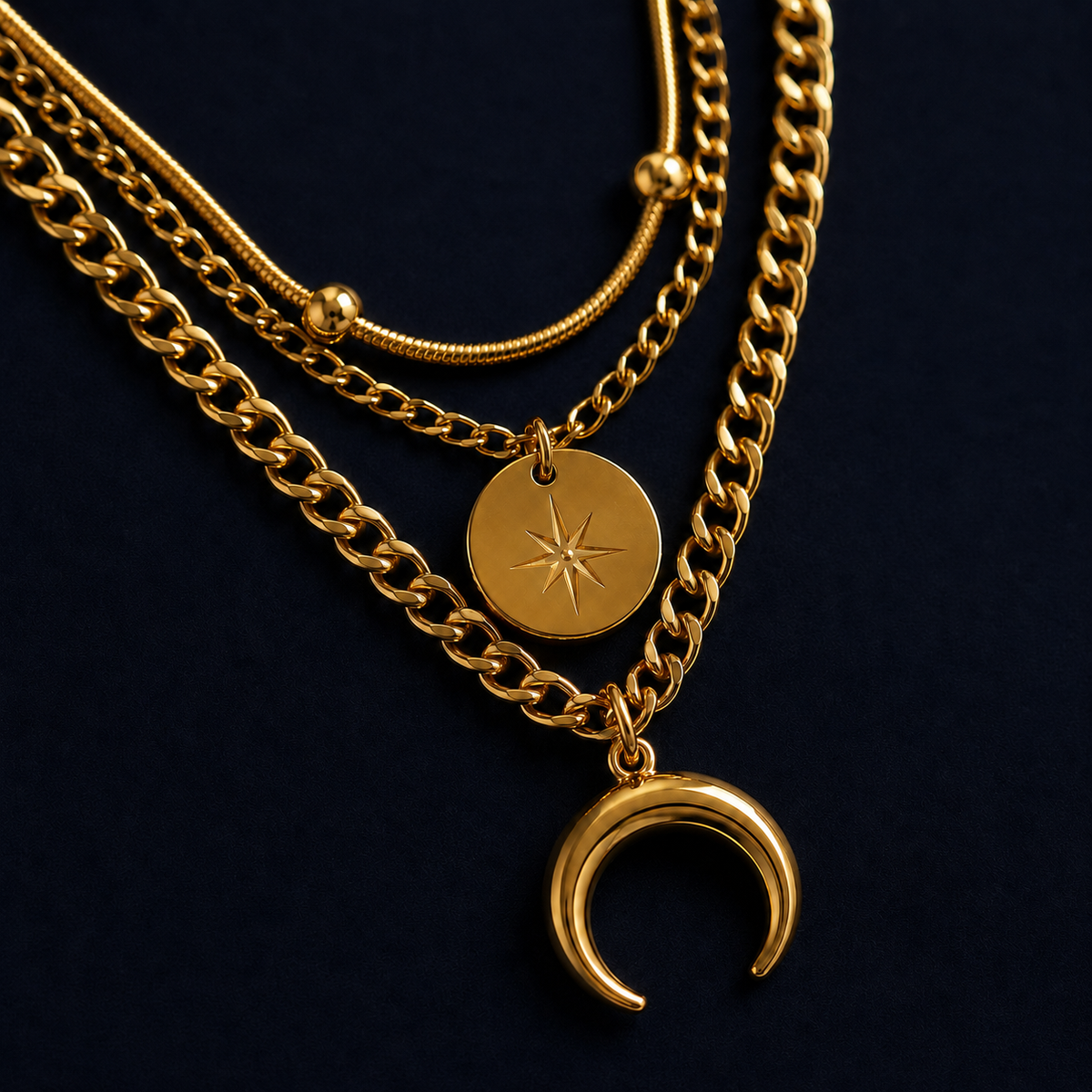 Collier multirangs lune et étoile doré