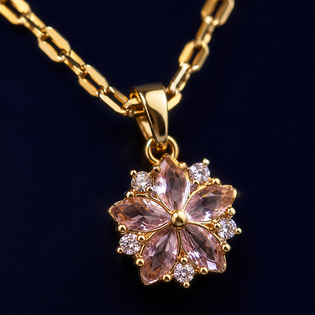 Collier fleur zircons roses doré