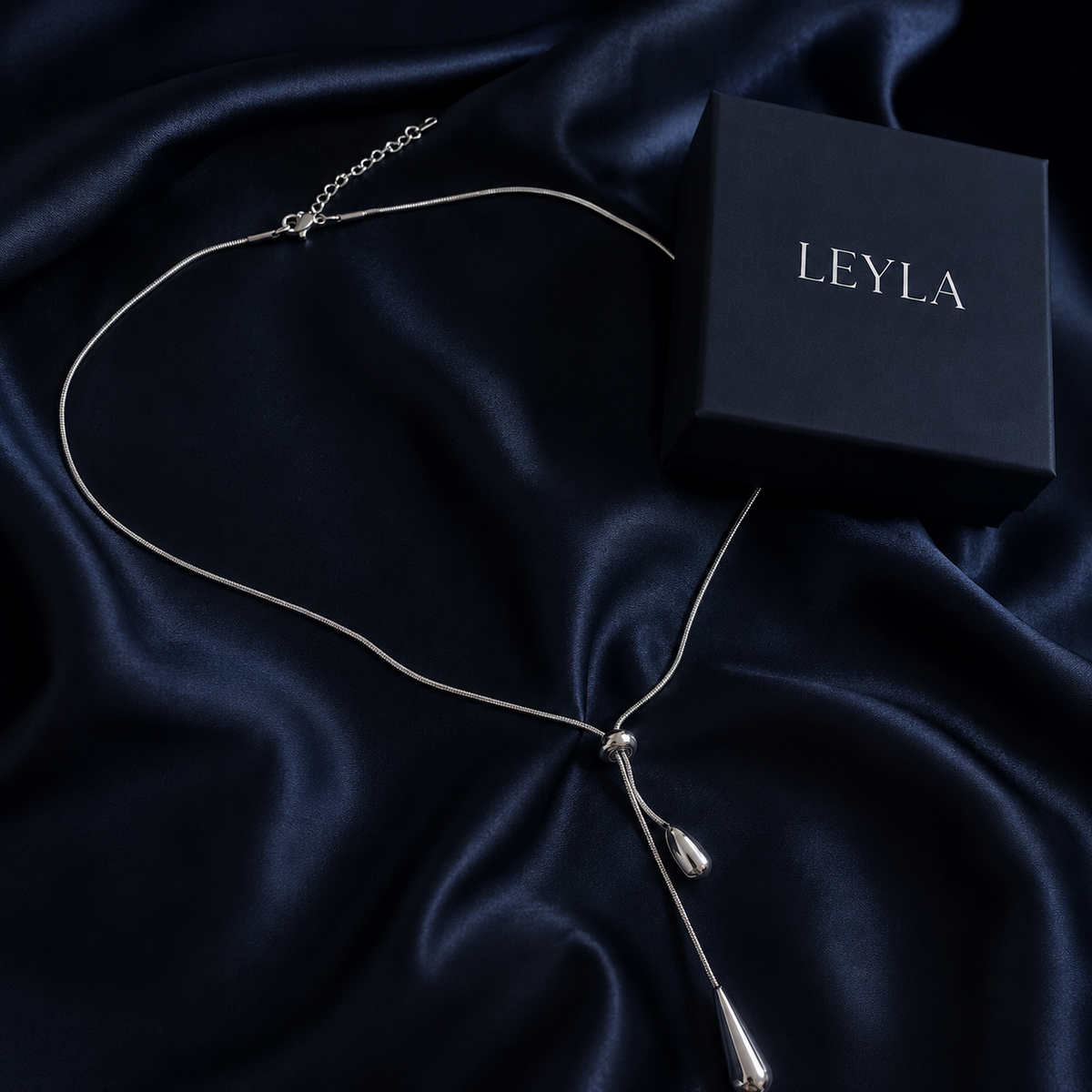 Collier lariat gouttes argenté